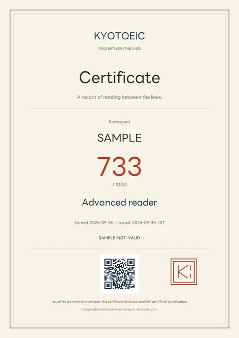 Actual A4 KYOTOEIC certificate preview rendered for an example player