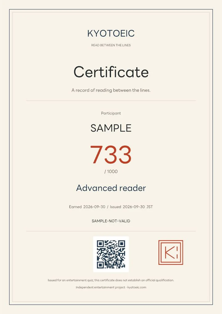 Actual A4 KYOTOEIC certificate preview rendered for an example player